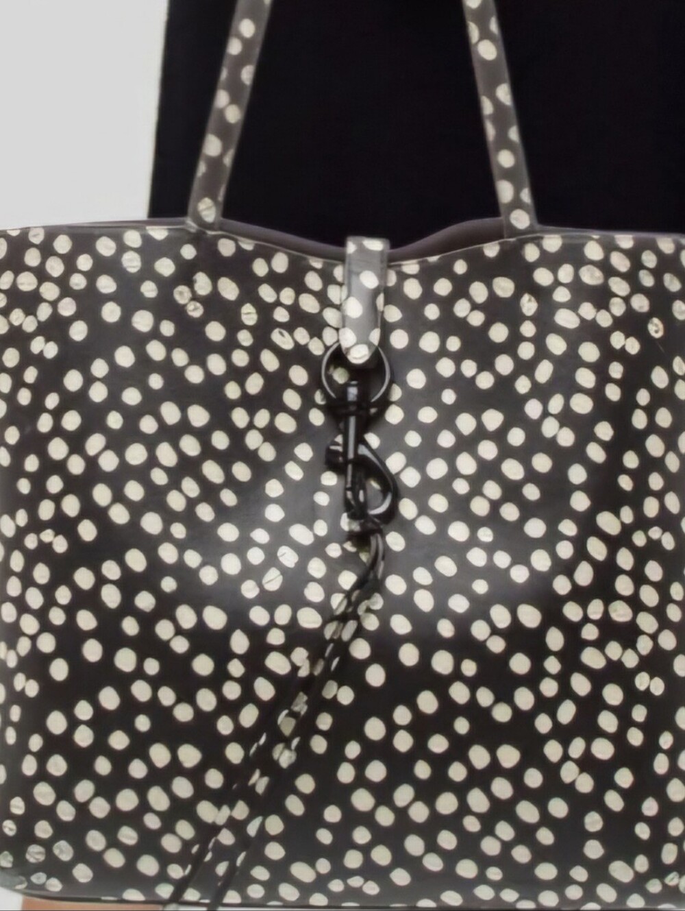 Rebecca Minkoff Black Leather Tote with Cream/White Polka Dot Print. Like New!
